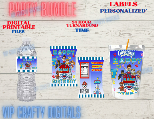 Kids Birthday Supplies, Paw Kids Party Bundle Water Bottle, Chip bag, Juice Label, Party Decor, NOT INSTANT DOWNLOAD | Digital File| Digital File
