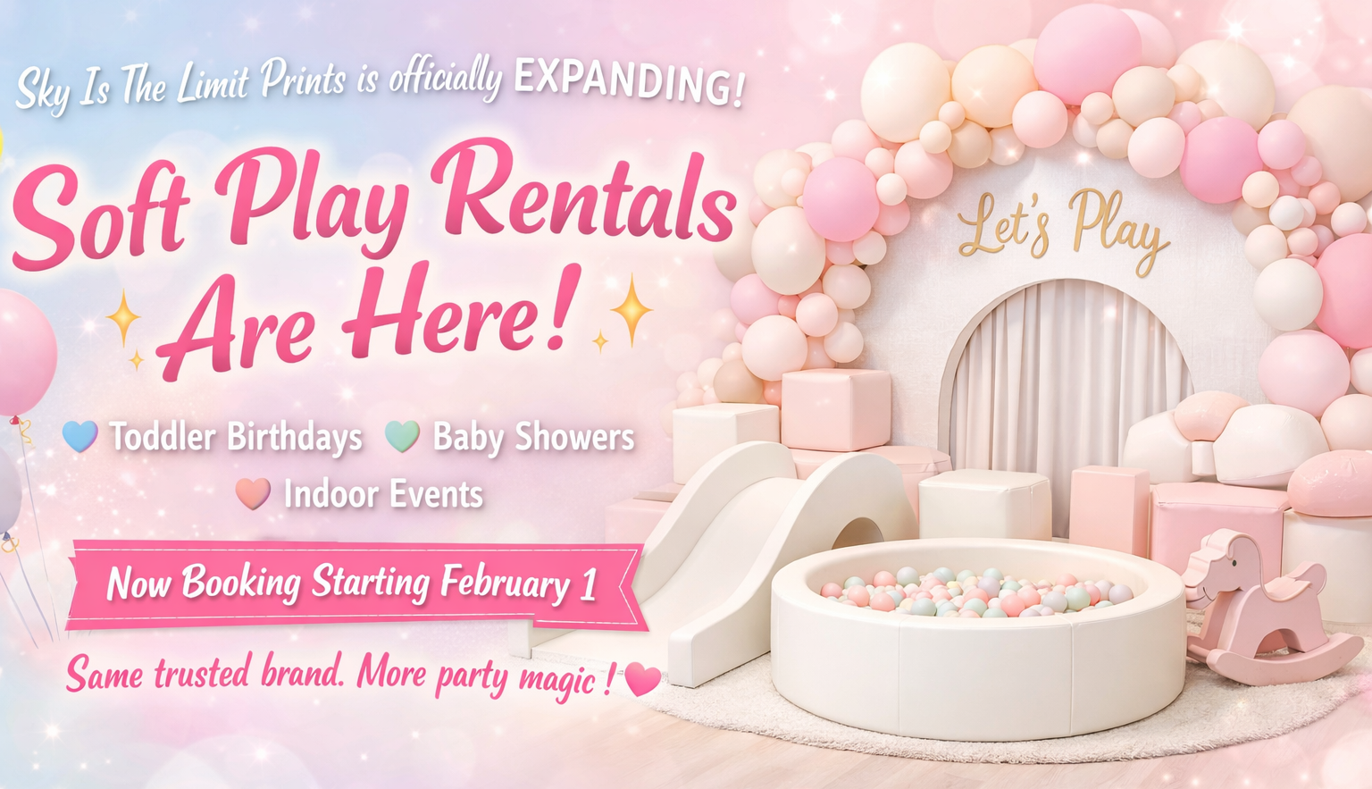 Advertisement for soft play rentals with pink balloons and play equipment.